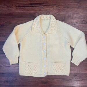 Vintage Yellow Chunky Handknit Cardigan Sweater‎ Crochet Collar Large Cottage